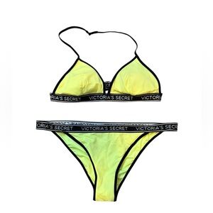 Victoria's Secret Neon Yellow Logo Bikini Set - Triangle Top & Bottoms - M